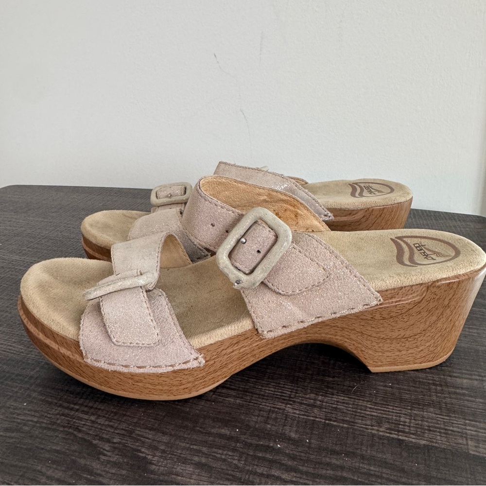 D​​ansko Sophie 2 Strap Leather Platform Sandals Tan Glitter Shoes - Picture 5 of 7